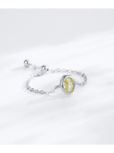 Detail of adjustable S925 sterling silver chain ring with oval yellow gemstone