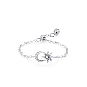Adjustable S925 sterling silver chain ring with moon and star zirconia charms