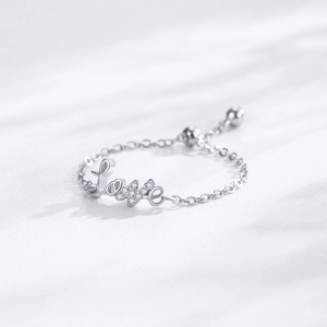 Adjustable S925 silver chain ring featuring a Love motif and a sparkling butterfly design