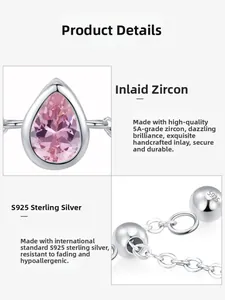 Detail of S925 sterling silver ring featuring 5A pink teardrop zircon and hand-set stones