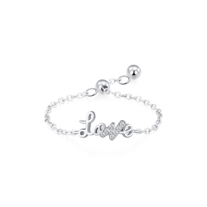 Minimalist S925 sterling silver Love chain ring with adjustable slider and pavé detail