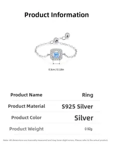 Detail view of S925 sterling silver chain ring with square blue zircon and dimensions