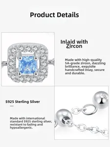 Macro detail of S925 sterling silver hallmark and square blue zircon stone on ring