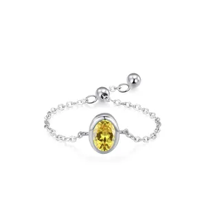 S925 Sterling Silver Adjustable Chain Ring For Women Elegant Oval Yellow Zirconia Inlaid Minimalist Jewelry Stackable Finger Ring