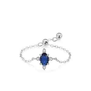 925 Sterling Silver Vintage Oval Royal Blue Zirconia Adjustable Chain Ring Elegant Minimalist Finger Ring Jewelry For Women