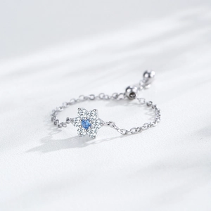 Bague chaîne ajustable en argent 925 fleur de prunier avec pierre bleue et zircon