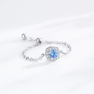 Adjustable S925 sterling silver chain ring with blue zircon and halo diamonds