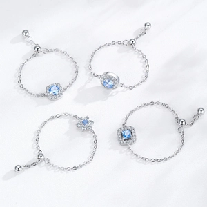 Bague chaîne réglable en argent S925 avec zircon bleu et fermoir à bille coulissante