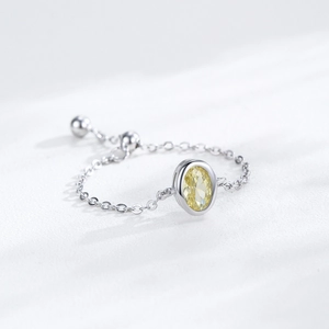 S925 sterling silver chain ring with oval yellow zircon and adjustable slider bead