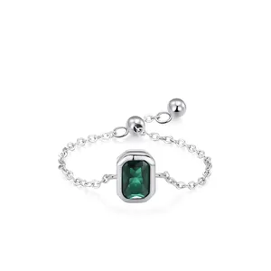 925 Sterling Silver Emerald Zirconia Soft Chain Ring Vintage Adjustable Stackable Chain Finger Ring For Women Bestie Jewelry