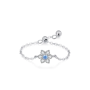 Bague chaîne réglable en argent 925 avec fleur de prunier et zircon bleu brillant