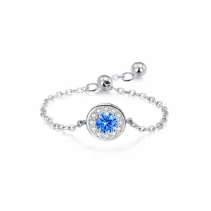 Bague Chaîne Réglable en Argent Sterling S925 Avec Zirconia Bleu Minimaliste Rond Gemme Géométrique Bijoux pour Femme