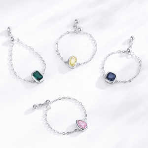 Adjustable S925 sterling silver chain rings with colorful emerald-cut gemstones