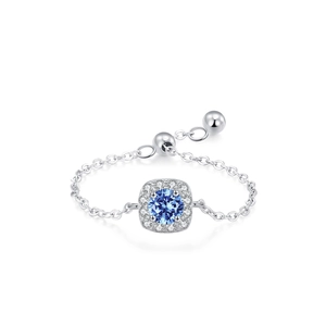 Adjustable S925 sterling silver chain ring with blue zircon halo stone for women