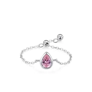 925 Sterling Silver Pink Water Drop Zirconia Adjustable Chain Ring For Women Romantic Stackable Finger Ring Fashion Jewelry