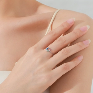 S925 sterling silver U-shaped horseshoe ring with multi-colored cubic zirconia stones