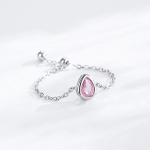 S925 sterling silver ring with pink teardrop zircon and adjustable chain link design
