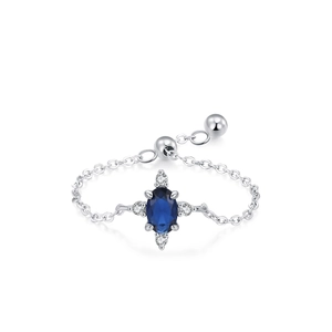 925 silver adjustable chain ring with oval royal blue gemstone and zircon accents