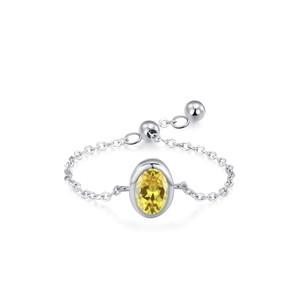 Adjustable S925 sterling silver chain ring featuring an oval yellow gemstone centerpiece
