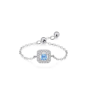 925 Sterling Silver Square Blue Zirconia Adjustable Chain Ring For Women Minimalist Stackable Fashion Jewelry Finger Ring