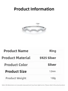 Detailed specs of S925 sterling silver minimalist wave ring with 1.2mm width