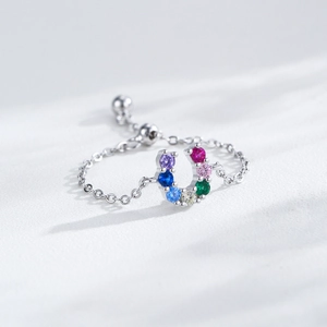 Adjustable S925 sterling silver horseshoe ring with rainbow cubic zirconia stones