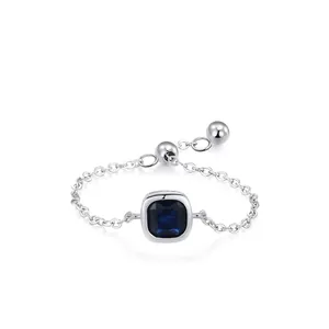 Bague Chaîne Souple Ajustable en Argent Sterling 925 Avec Zirconia Carré Bleu Bijoux Géométriques Minimalistes pour Femme