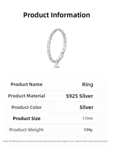 Detail view of 1.7mm S925 sterling silver rope twist ring with product specifications