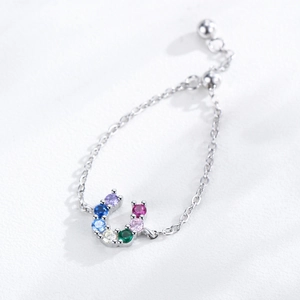 S925 silver U-shape horseshoe ring with colorful cubic zirconia and adjustable chain