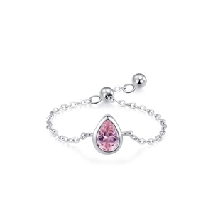 Elegant S925 sterling silver chain ring with pink teardrop zircon and adjustable slide