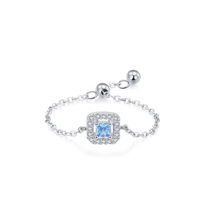 S925 Sterling Silver Square Blue Zircon Adjustable Chain Ring with Halo Setting