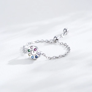 Adjustable 925 sterling silver snail chain ring with colorful zircon rainbow stones