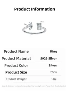 Spécifications de la bague en argent S925 avec zircon marquise et rectangulaire de 3x5mm