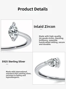 Detailed close-up of S925 sterling silver ring featuring 5A marquise and pear cut zircons