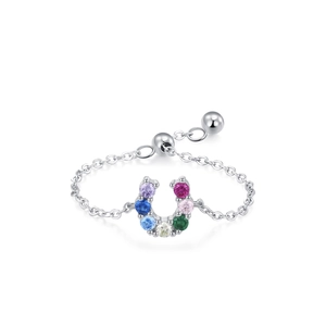 S925 silver adjustable chain ring with U-shaped horseshoe and seven colorful zircons