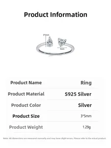 Détail de la bague ajustable en argent S925 avec zircons en forme de cœur et poire