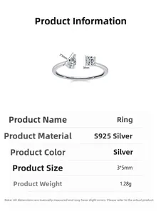 Detail view of S925 sterling silver ring showing double zircon sizes and product dimensions