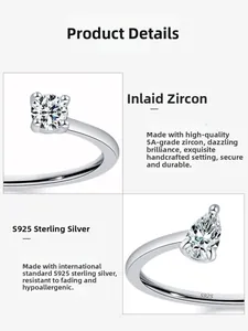 Detail of S925 sterling silver ring showing round and pear cut zircon stone settings