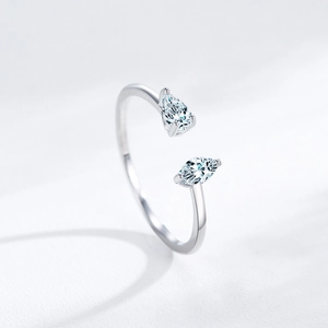 Adjustable S925 sterling silver ring with two sparkling pear-cut blue cubic zirconia stones