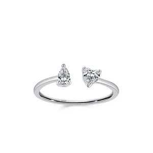 Bague Ouverte en Argent Sterling 925 avec Zirconia Taille Coeur et Poire Réglable Minimaliste Bijoux Doux Cadeau Femme Bague Argent