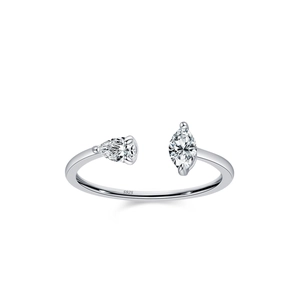 Sparkling S925 sterling silver open ring with pear and marquise-cut zircon stones