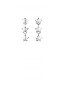 Detail view of triple vertical silver star stud earrings with a polished mirror finish