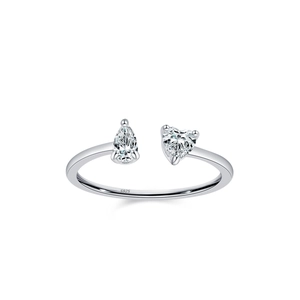 Bague ouverte en argent sterling S925 avec zircons en forme de cœur et de poire