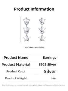 Detail view of S925 sterling silver star drop earrings with dimensions and weight data