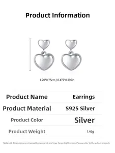 Detail view of S925 sterling silver heart earrings with size and weight measurements