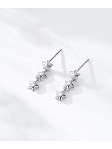 Detailed macro view of S925 sterling silver triple star drop earrings with shiny finish