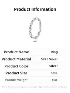 Detail view showing 1.9mm width and 0.98g weight of S925 sterling silver hollow chain ring