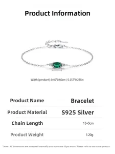 S925 silver bracelet detail with emerald green zircon and 15+3cm adjustable chain