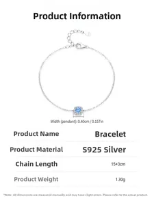 Detail view of S925 silver bracelet featuring 0.40cm blue zircon and 15+3cm chain