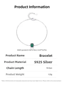 Detailed specs of S925 silver bracelet with emerald cubic zirconia pendant size and weight